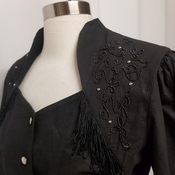 Vintage 80s Boho Western Rodeo Cowgirl Black Cotton Dancing Riding Midi Dress Sm - Picture 5 of 9